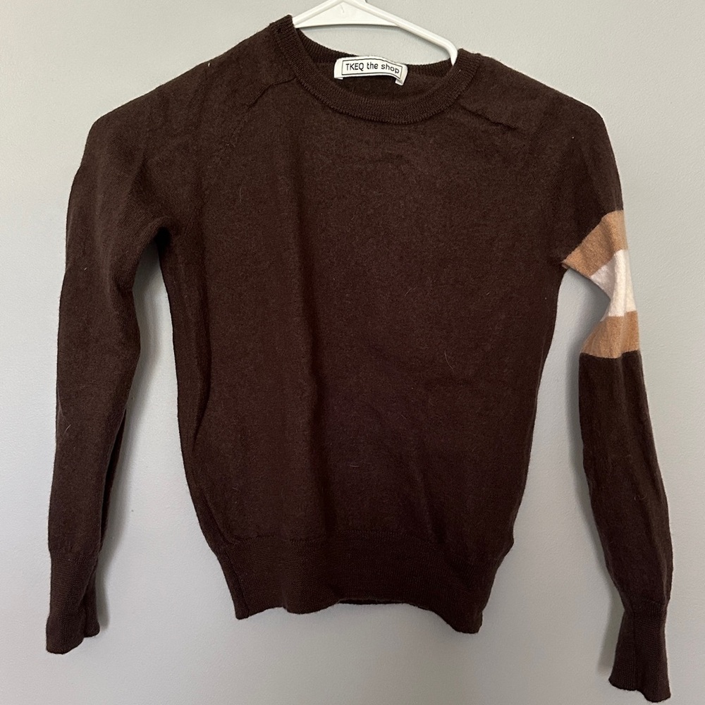 TKEQ Brown Sweater with Stripe on Sleeve